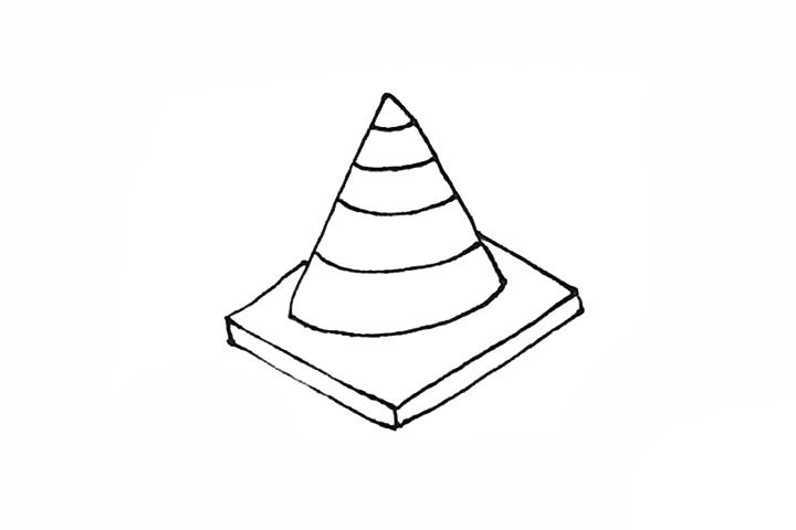 步骤4：接着在三角形里面，画上一条条的弧线作为路障的纹样。