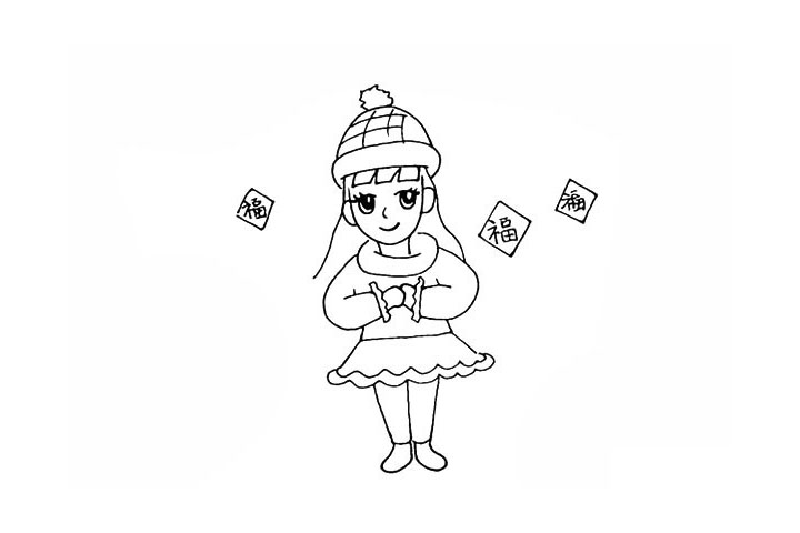 步骤18：在周围画出几张福字贴点缀一下。