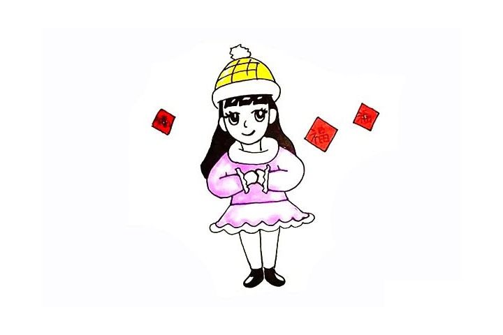 拜年的小女孩简笔画画法步骤