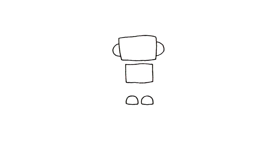 步骤2：画长方形的身体和半圆形的脚。