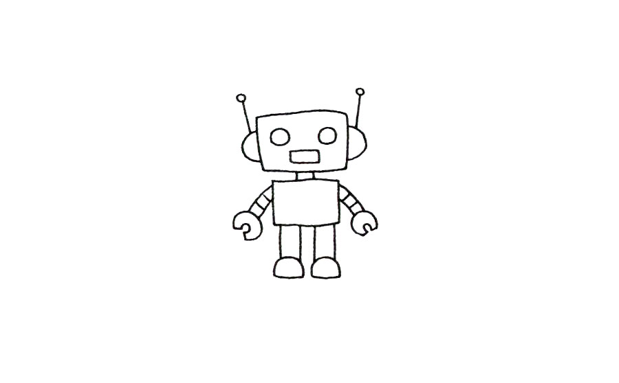 步骤4：画天线、眼睛、嘴巴和手臂上的条纹。