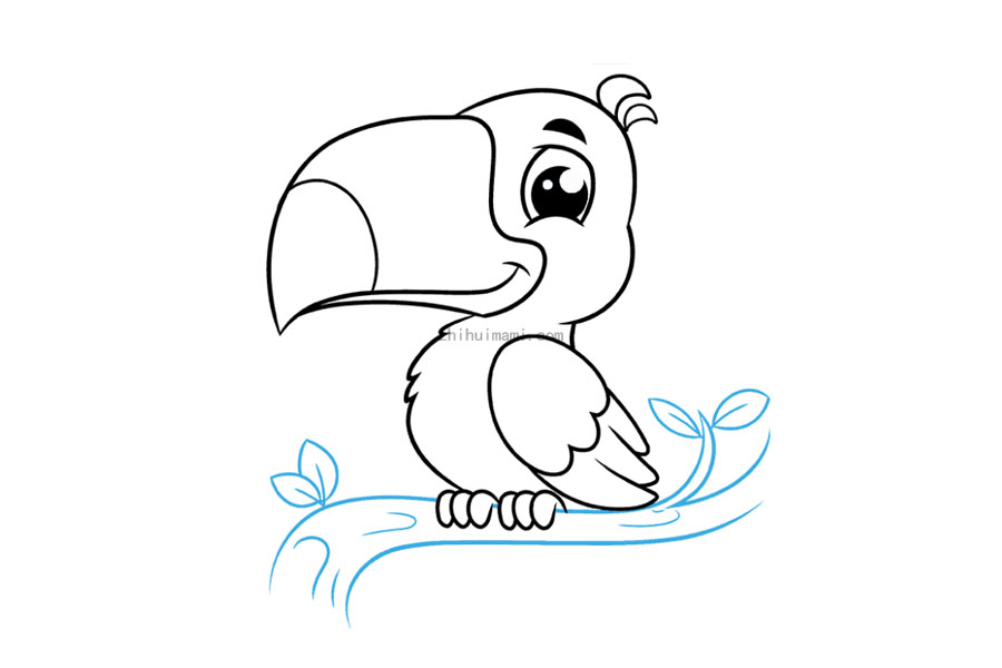 步骤8：8.画一条长而弯曲的线在巨嘴鸟的脚下画树枝。使用另一条相交的线在一个点处相交，以绘制从分支中出现的较小树枝。从树枝上延伸短而弯曲的线，形成树叶的脉络。使用两条曲线，在每条静脉周围的柔和点处相交，以包围叶片本身。最后，用各种形状和大小的曲线对木材进行纹理处理。