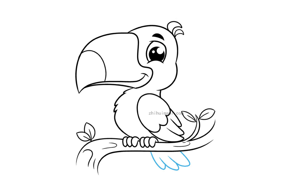 步骤9：9.在树枝下画几条重叠的“ U”形线，以形成鸟的尾巴。