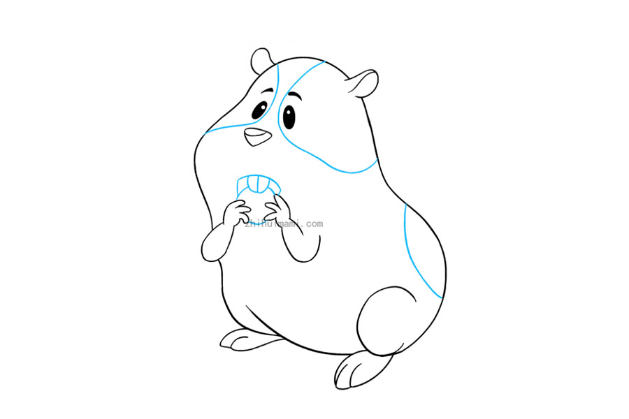步骤9：9.画一条曲线以圈住眼睛周围和臀部上的斑点。在双手之间绘制一个倒圆角三角形，以封闭张开的嘴巴的形状。将弯曲的形状围在嘴中，并在其中心向下划一条线，是较大的门牙。最后，在两只手之间画一个圆圈(部分隐藏在牙齿之间)，表明仓鼠正在吃零食。