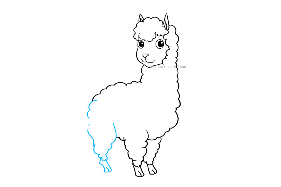 步骤7：7.画出后腿。使用一系列连接的曲线勾勒腿部轮廓。画出弯曲的矩形脚形，注意它看起来比前脚更不规则。画一条短线将脚趾分开。