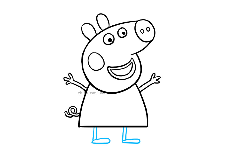 步骤9：画佩奇的腿和脚。从身体下方延伸两组直线，垂直，平行线。然后，使用曲线将不规则的水滴形脚或鞋子围起来。