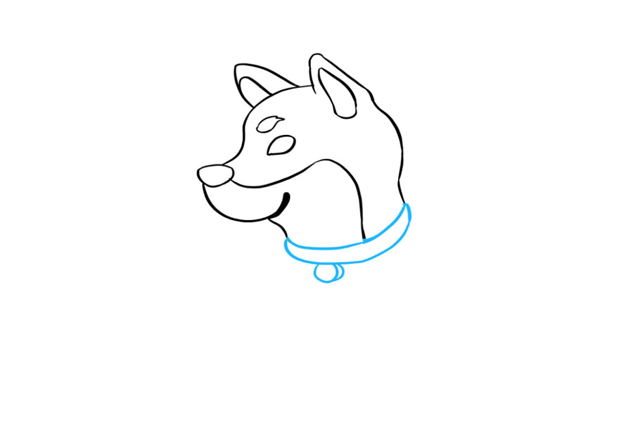 步骤3：3.画出狗的项圈。使用弯曲的长线围住衣领的形状。在其下方绘制一个圆圈，狗的名字标签。使用短而弯曲的线使标签具有三维外观。