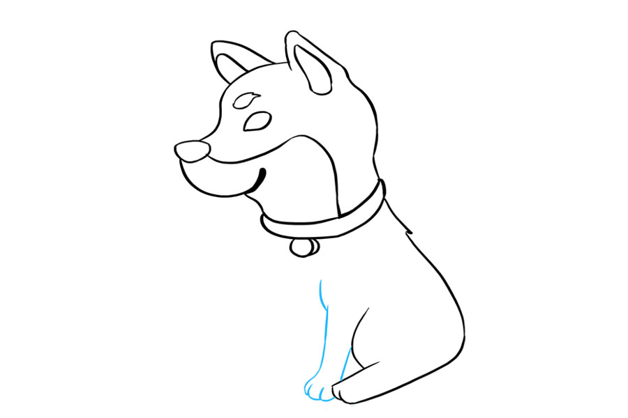 步骤5：5.画前腿。用长线塑造腿部，用短而弯曲的线形成肩膀的前部。使用重叠的“ U”形线围住脚并形成脚趾。