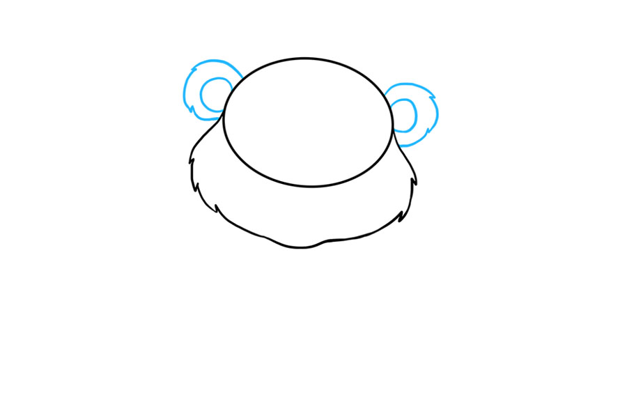 步骤3：在头部的每一侧画一个局部圆。这形成了内耳。使用一系列短线绘制外耳，在内耳周围形成圆形。注意锯齿状，毛茸茸的纹理。