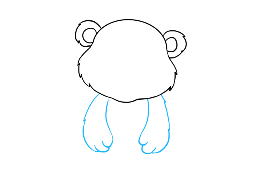 步骤5：从熊脸下方延伸两条线。注意通过连接短线形成的毛茸茸纹理。使用重叠的“ U”形线条形成熊的手指，将手臂围起来。