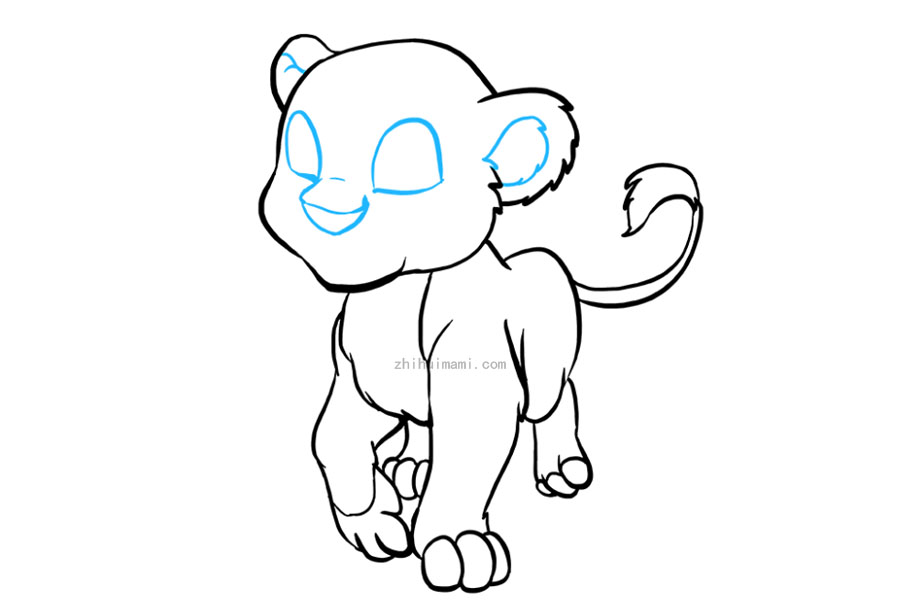 步骤8：开始细化幼仔的脸。对于每只眼睛，请使用两条曲线绘制半椭圆形。为鼻子画一个弯曲的，倒置的三角形，并在其上方延伸短线。将每个耳朵内的锯齿状毛茸茸的形状围起来。