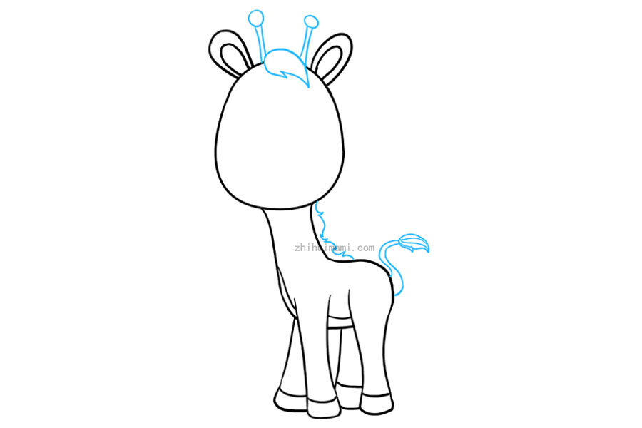 步骤8：使用在锯齿点相交的一系列曲线将一簇头发包裹在头顶。必要时删除指导线。在簇的每一侧延伸一对狭窄的平行线。最后用小圆圈将它们包围起来。这些是长颈鹿的角。然后，从颈部的底部到背部绘制一条锯齿状线，形成鬃毛。延伸一对“ S”形线以形成尾巴。在尾巴的末端，围上一个水滴形状，并沿其长度绘制曲线。这是尾巴尖端的毛簇。