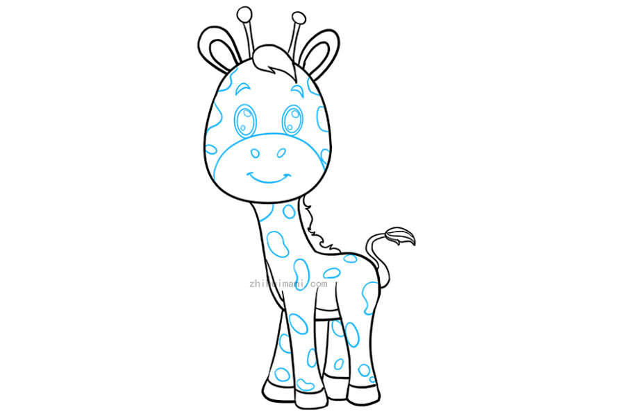 步骤9：为每只眼睛在一个椭圆内画一个椭圆。然后，在内部椭圆形的每一侧绘制小圆圈。在每只眼睛上方围上尖锐的弯曲形状，以指示眉毛。在脸上画一条倒“ U”形的线条以指示鼻子。画一条宽大的“ U”形线条作为笑脸，小椭圆形画成鼻孔。最后，通过将长颈鹿的整个身体围成不规则形状，画出长颈鹿的斑点。