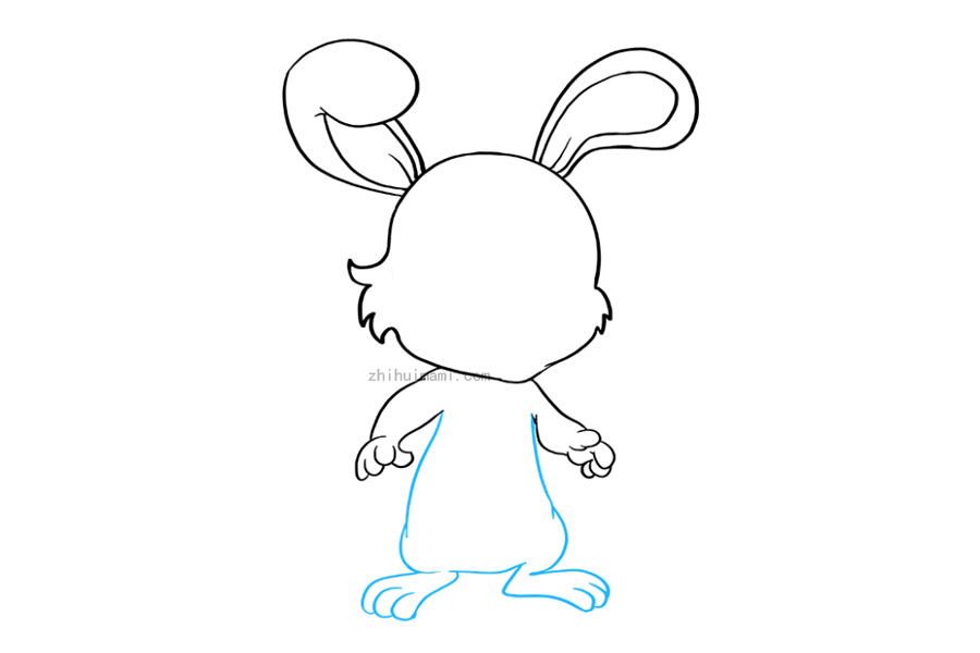 步骤7：用长长的曲线勾勒出兔子的躯干和大腿轮廓。注意腿连接身体的线条略有重叠。然后，使用重叠的曲线勾勒脚和脚趾。