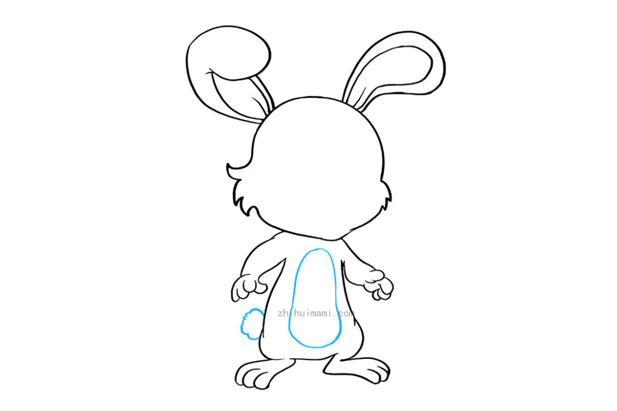 步骤8：将不规则的圆形包裹在胃内，表明腹部柔软。使用一系列短的曲线在后腿上方围成一个圆形。这是兔子的蓬松尾巴。