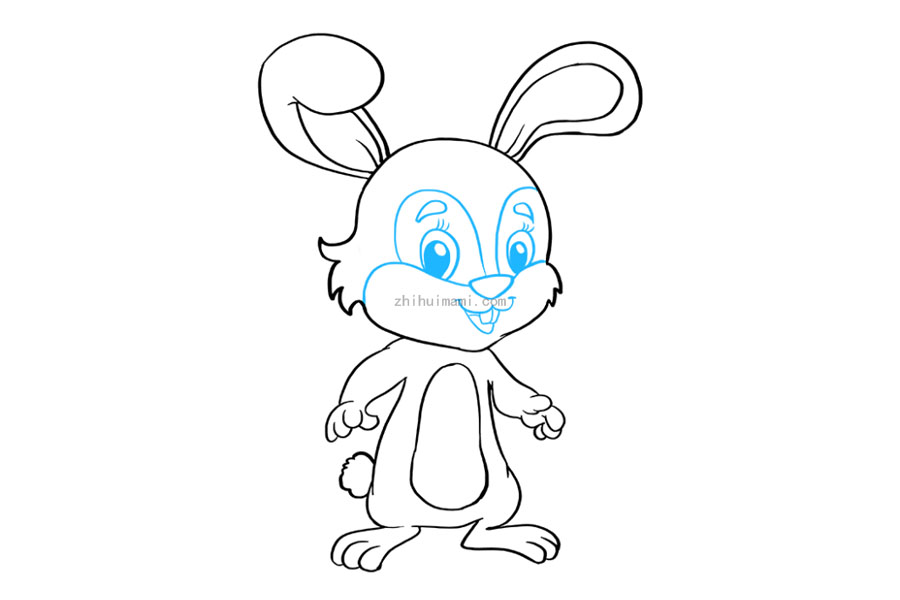步骤9：细化兔子的脸。绘制一个带有圆角的倒三角形，以表示鼻子。在其下方，使用几条“ U”形线将嘴巴和大前齿包围起来。用长而弯曲的线条勾勒出脸颊和眼睛周围的皮毛。画出一系列相互嵌套的三个连续较小的椭圆，以形成每只眼睛。两个最小的椭圆形之间的阴影，指示瞳孔。最后，在每只眼睛上方绘制泪珠形状以表示眉毛。