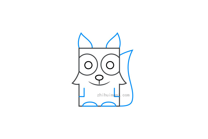 步骤2：画耳朵、手、脚和长长的尾巴。