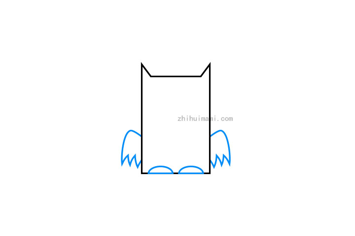 步骤2：接下来，是时候使用大多数曲线和尖角三角形画蝙蝠的翅膀了。两个翅膀都必须位于身体底部附近。最后，可以画两个椭圆形的脚。