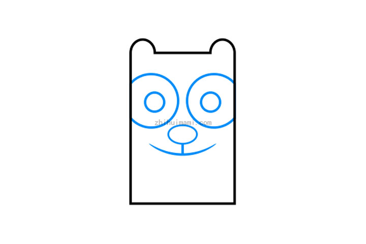 步骤2：是时候画这种可爱的卡通动物的面部特征了。在矩形内，绘制两个大圆圈代表眼睛。在眼睛内部，画一些小的圆形以形成瞳孔。注意眼睛如何部分隐藏在身体的两侧。完成后，使用较小的椭圆形勾勒鼻子的轮廓。在此下方，画一条长曲线以表示嘴。别忘了鼻子和嘴巴之间是一条小直线。