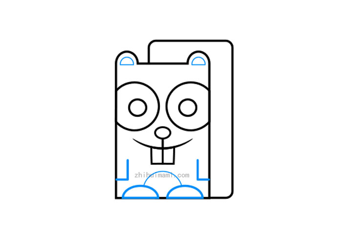 步骤3：在耳朵内部，绘制两个小的椭圆形形状，以创建明亮的小斑点。在嘴下方，用直线画出手臂的轮廓。在用于表示主体的矩形的底部，使用长曲线画脚。通过使用长曲线在胃上画一个大补丁来完成此步骤。