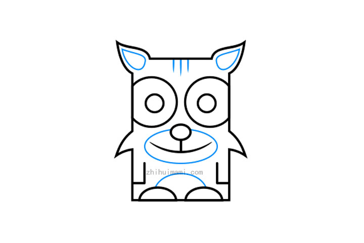 步骤3：在第三步中，必须使用简单的形状在山猫简笔画中添加细节。首先，您可以使用曲线在耳内话贴片。在头部上方，添加了另外三个直线以表示条纹。接下来，您可以在嘴周围绘制一个长椭圆形，并使用一条长曲线在角色的肚子上画一个补丁。