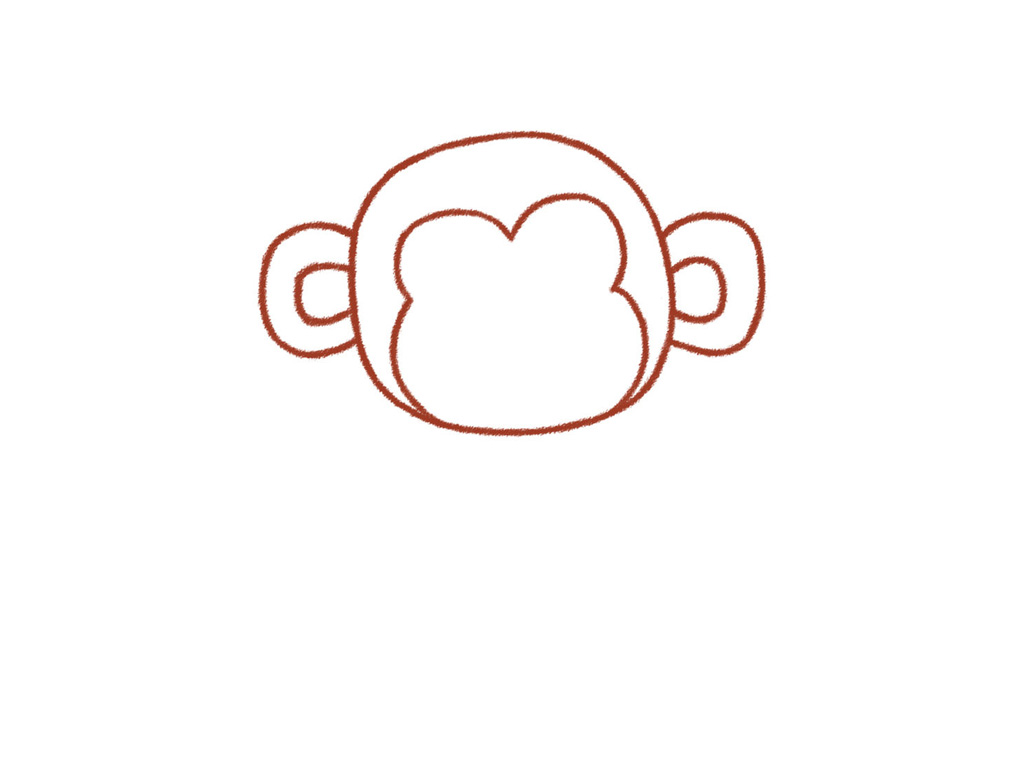 步骤3：勾画猴子耳朵，在猴子头部的两侧，分别画出半圆形的大耳朵。