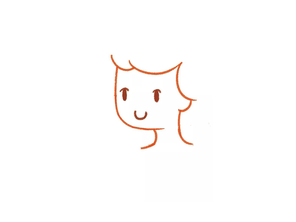 步骤2：画上五官。简单的画上眼睛和嘴巴，注意眼睛是椭圆的，眉睫弯弯，嘴角上翘看起来友善美好。