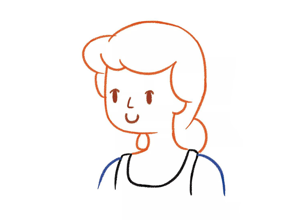 步骤3：画出头顶的头发、身体和衣服。同样用长短不一的弧线画出头发；用蓝色和黑色的彩铅笔画出身体和衣服的轮廓。