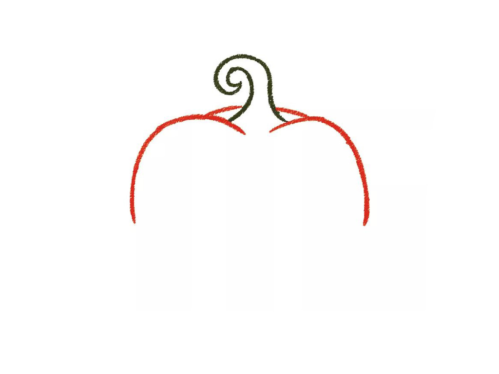 步骤1：画个卷卷的车顶、画上圆圆的车身。先画上最上面的一条曲线，接着再画下面那条曲线；用曲线画上车身，现在看起来还会是一个南瓜的样子。