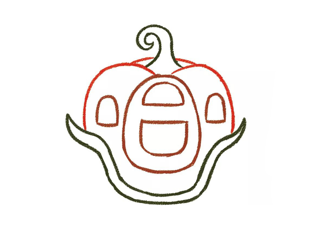 步骤2：画上门窗、画个弯弯的车板。先在车身中间画一个大的椭圆，再分别画上窗户；南瓜马车的车板会有点像薄薄的叶片和水草。