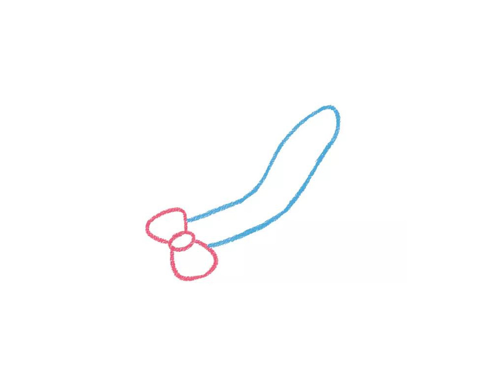 步骤1：画个蝴蝶结和鞋口。先画一个小椭圆，再用弧线画上两边的小翅膀；鞋口是由两条从蝴蝶结开始慢慢向上的弧线组成。