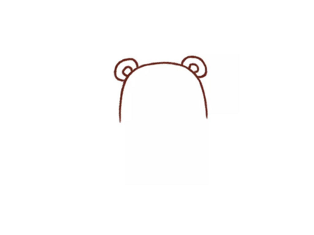 步骤2：画出小熊耳朵，在头型的两侧画出可爱的小半圆，在里面画一个更小一些的半圆，整体与耳朵更加相似。