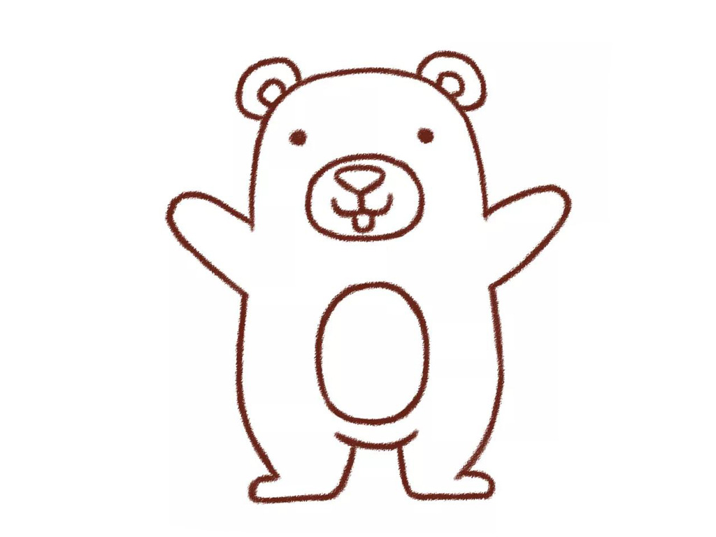 步骤7：勾画小熊的五官，两个圆点作为小熊的眼睛，在一个圆里画倒三角的鼻子和嘴巴。