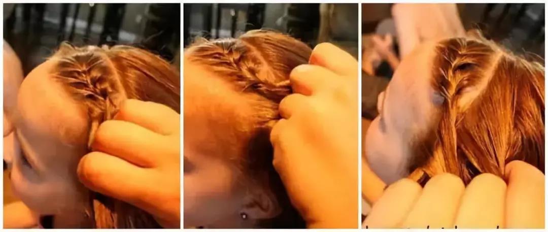 步骤：6将刘海编成蝎子辫，编到侧面时向后拢，然后从上面固定住的头发中挑出两股头发。