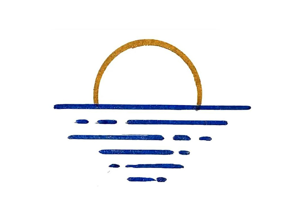 步骤2：接着，用蓝色的笔在半圆的下面画几条横线，注意横线是逐渐变短的哦，这样会有很自然的透视感。