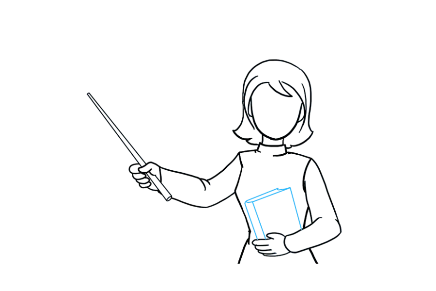 步骤6：在老师的手中画一本书。首先围成一个正方形。在一侧绘制一个矩形以指示书的书脊，在书顶部绘制另一条直线，以一条短的曲线连接以指示书页。