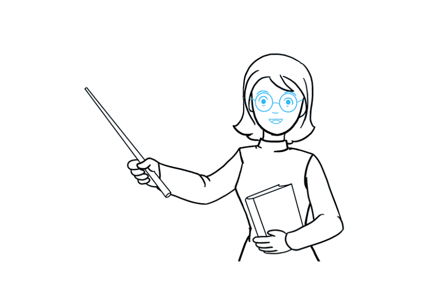 步骤7：细化老师的脸。画两个圆圈以形成眼镜。使用短线将圆连接在一起并连接到脸部两侧。在每个圆圈内画一个点以指示眼睛，并在其上方绘制一条曲线。用曲线形成鼻子，用三条曲线制作微笑的嘴和舌头。