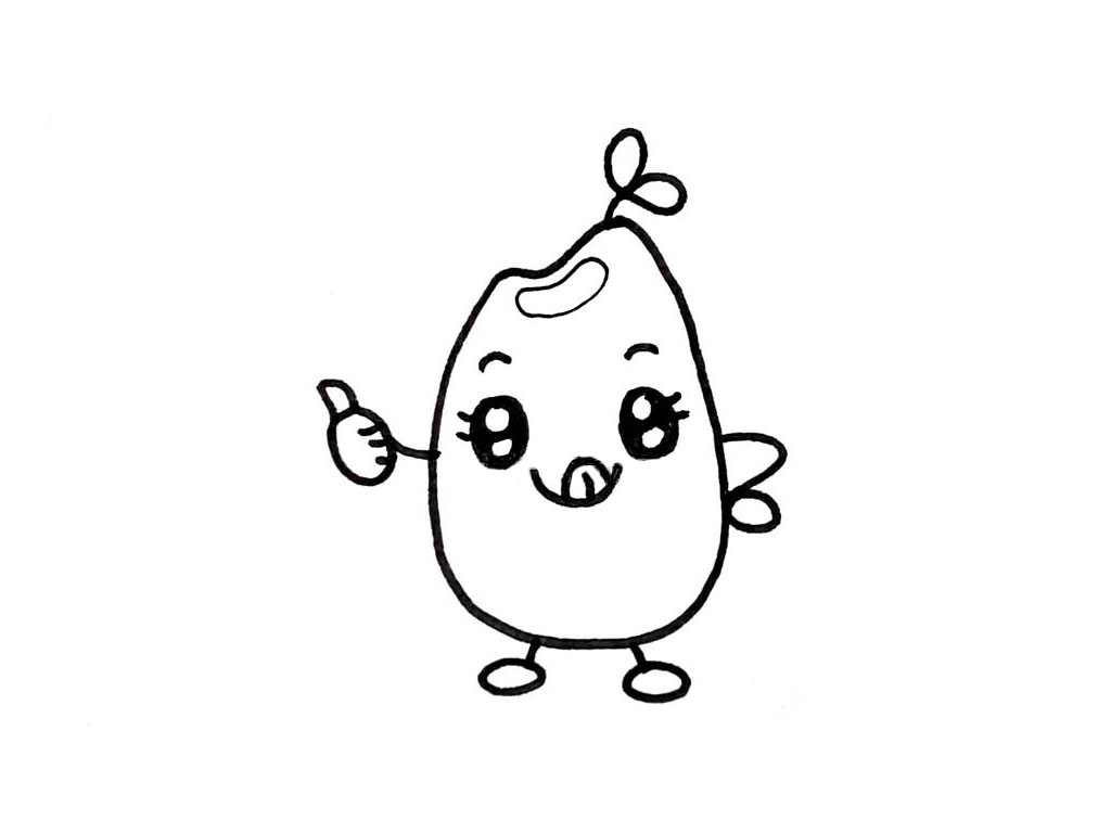 步骤4：最后，两个竖线加椭圆，腿和脚就画好啦，脑袋上画一个俏皮的叶子装饰，是不是很可爱。