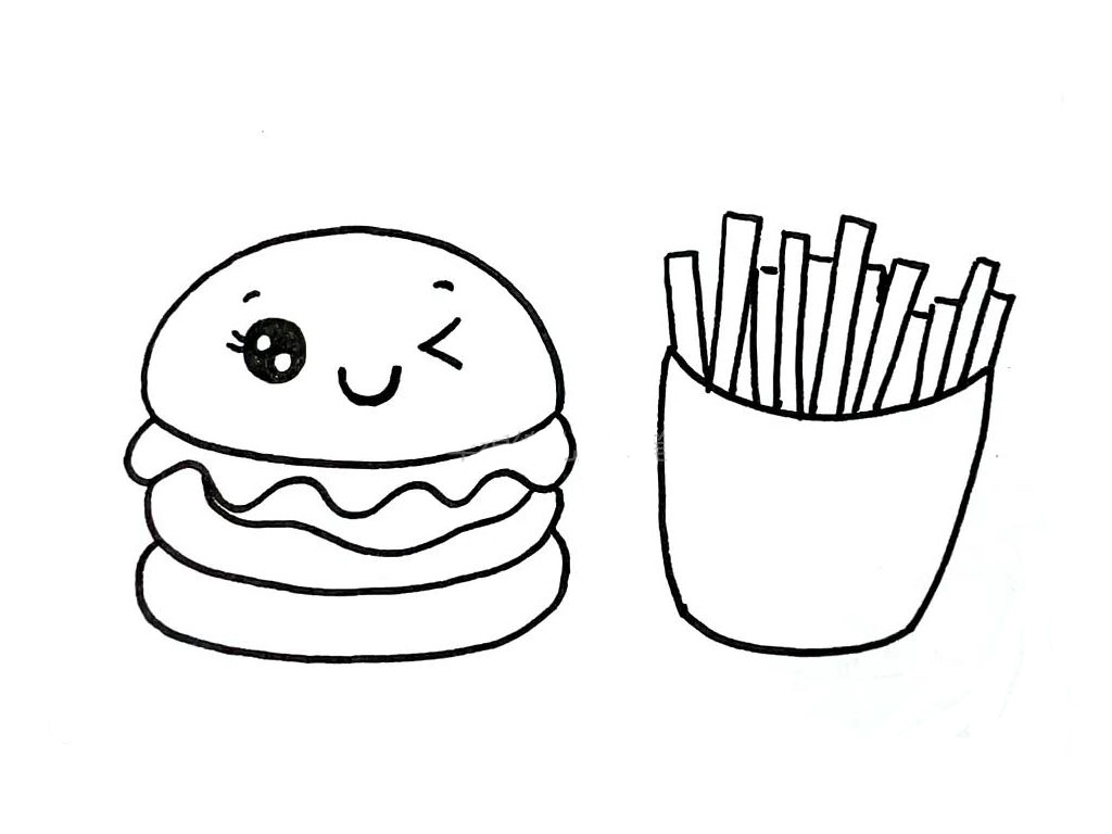 步骤6：然后画上高低错落的薯条，不要画得太齐整哦，注意观察下平时我们吃的薯条就是大大小小、不完全一样的。