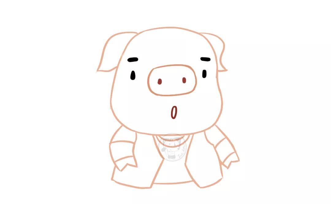 步骤4：画出卡通小猪的上半身，它穿着一件短袖上衣和一件小马甲。