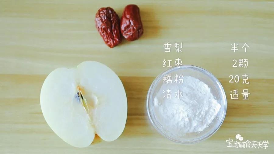 食材准备：雪梨半个，红枣2颗，藕粉20克，清水适量