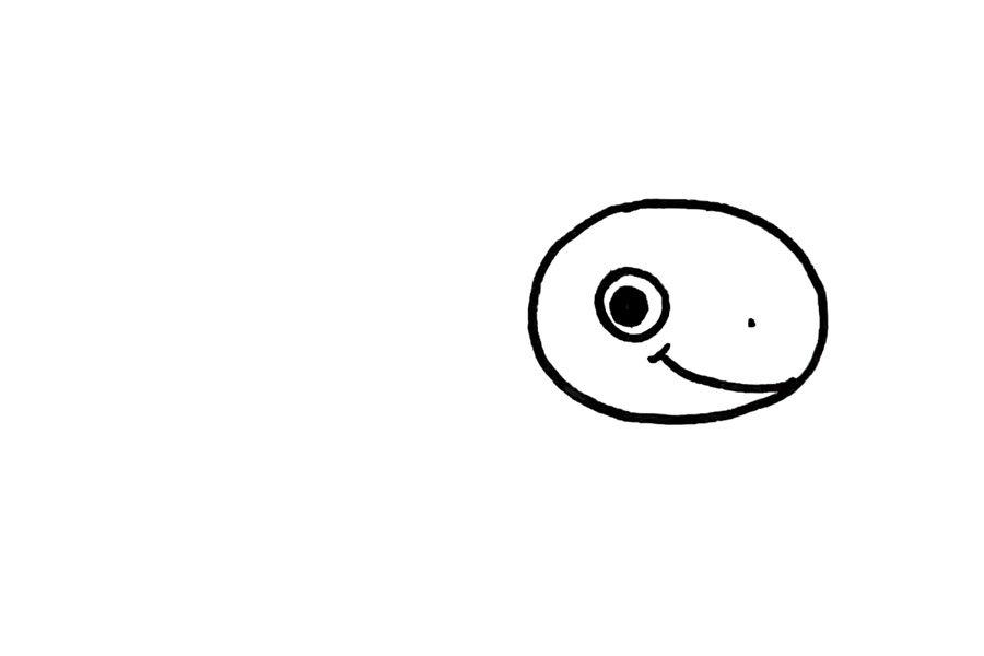 步骤2：在中间偏左的位置用圆形画眼睛，简单画一下微笑的大嘴巴，一个黑点点画鼻孔，一个侧面的三角龙的脸就画好啦。