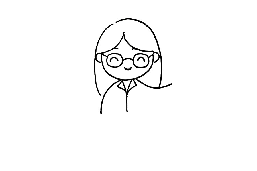 步骤5：画老师的身体轮廓，一边注意预留拿教鞭的手的位置。