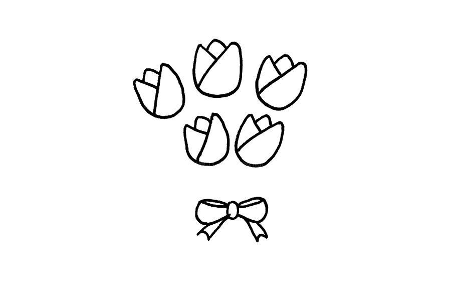 步骤5：然后再在这些花花下面画一个蝴蝶结，注意要有点距离哦。