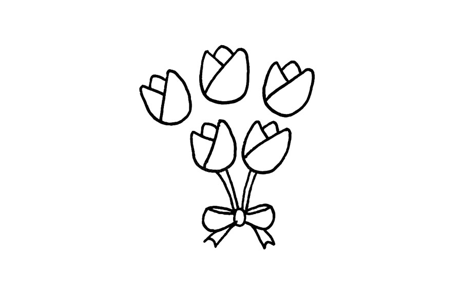 步骤6：接着，再将花头和蝴蝶结连起来，一支一支的花茎就画好了