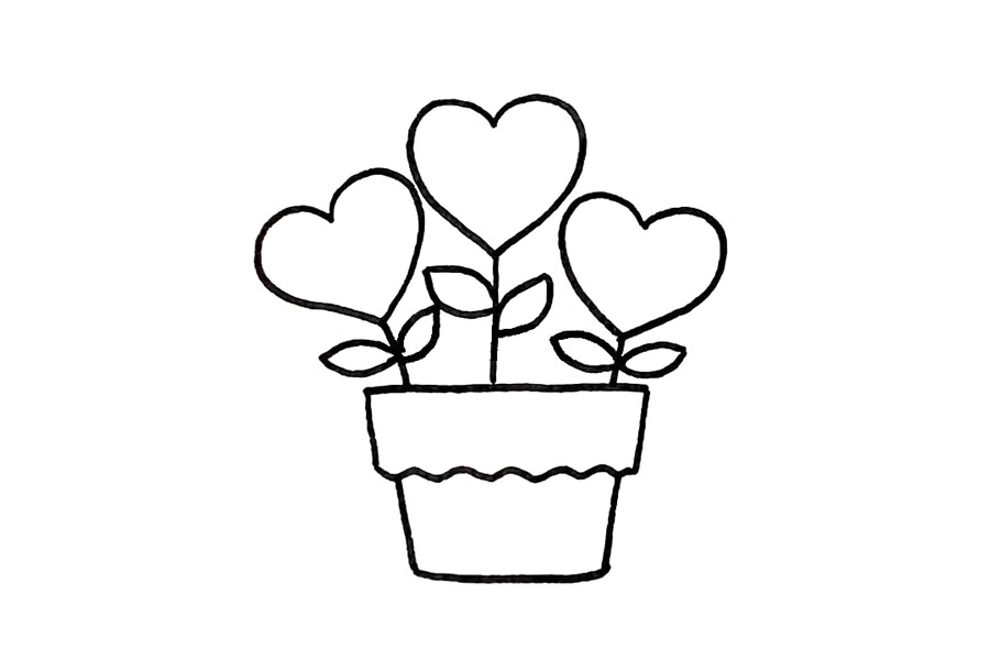 步骤6：接着，使用一条竖线加上两片叶子的画法，分别画出每朵花的枝叶。