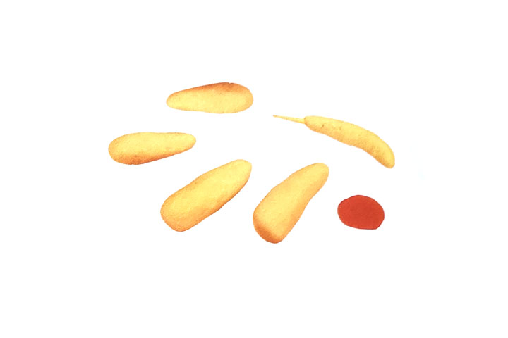 步骤2：搓五个黄色长条，作为尾巴和四肢，在尾巴上插入牙签，再捏一个橙色扁圆。