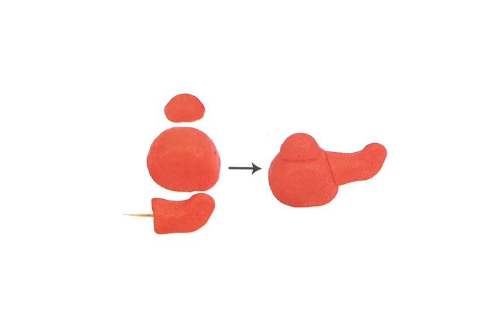 步骤1：用橙色泥捏出椭圆、半圆和圆柱各一个，用牙签固定在一起，作为机身。