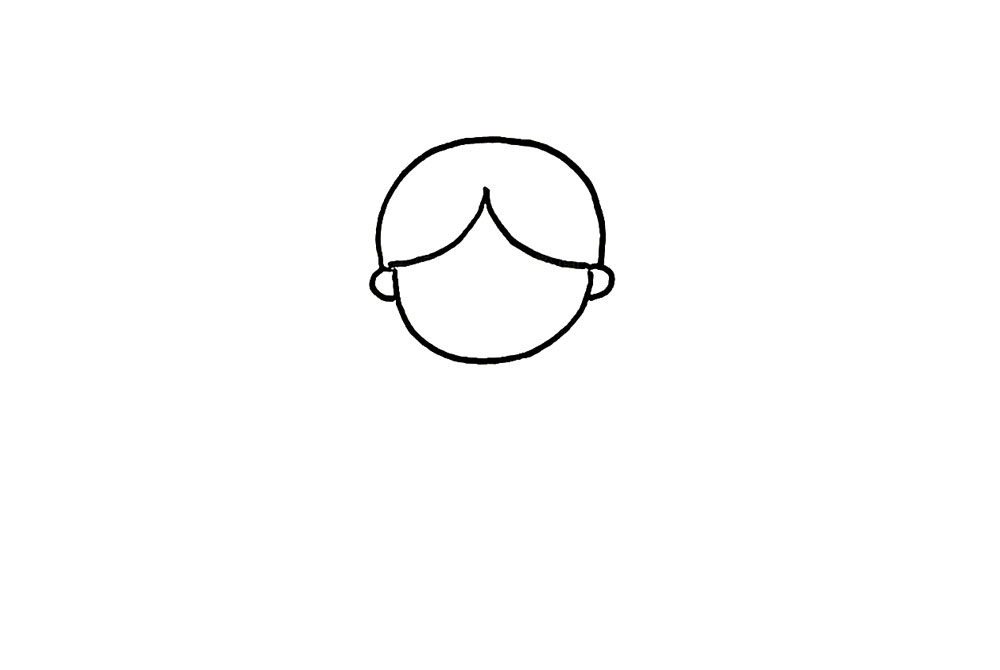 步骤2：左右加上一对小括号画耳朵，接着再在上面画一个半圆，头部轮廓就画好了。