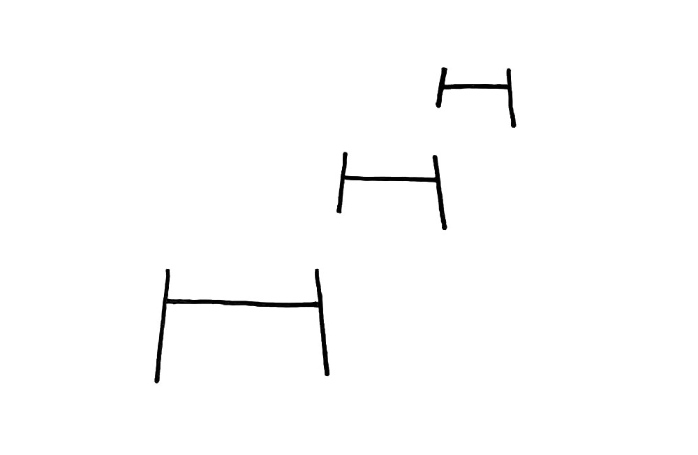步骤1：首先，由远及近，分别画出三个大写字母H。